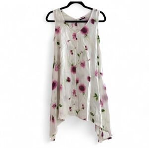 Vivid 100% Linen White Floral Asymmetrical Tunic Top Lagenlook Boho Casual Small